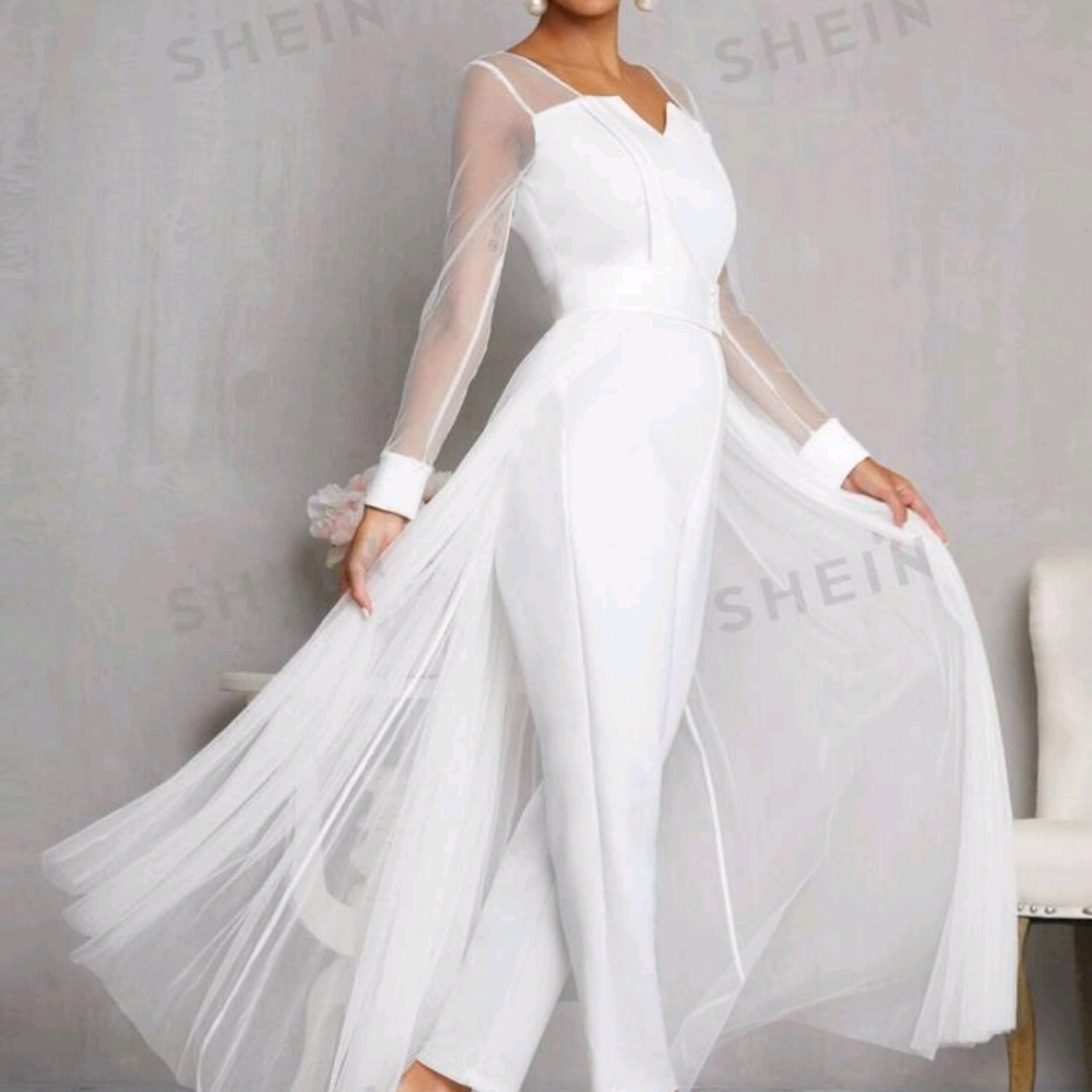 Mulvari Notch Neck Mesh a Panel Pearl Detail Corset Jumpsuit with Skirt.